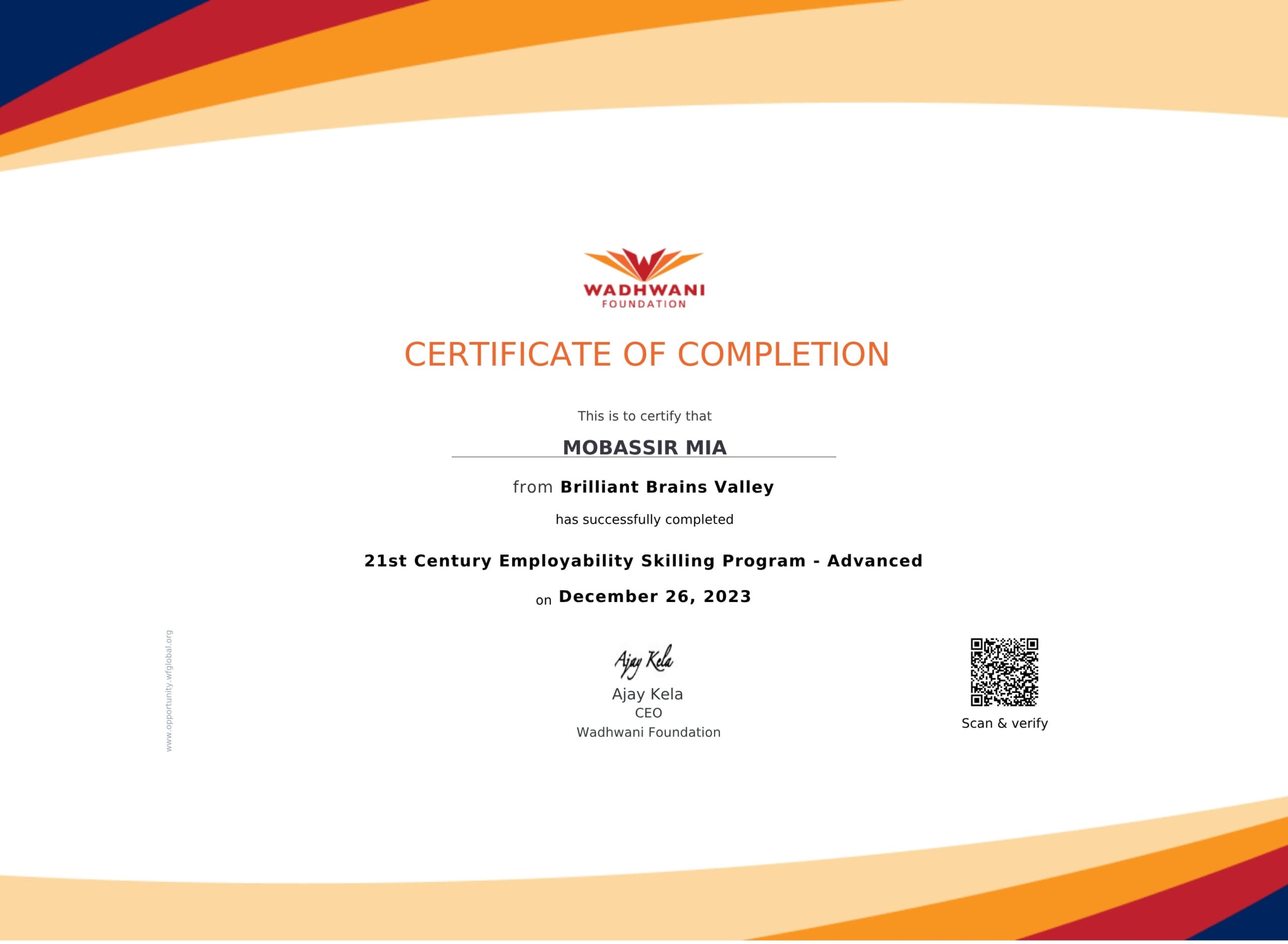 About 7 Mobassir Mia - Wadhwani Certificate